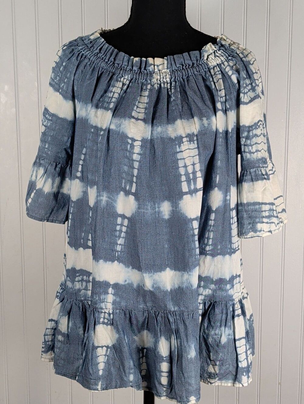 Solito Blue White Tie Dye Off The Shoulder Ruffle Boho Tunic Top Size Small
